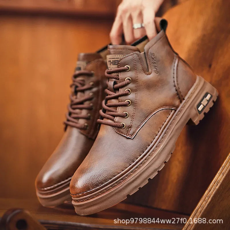 Luxury Men Ankle Boots – Retro British High-Top Leather Boots for Fashion, Outdoor, and Motorcycle Use