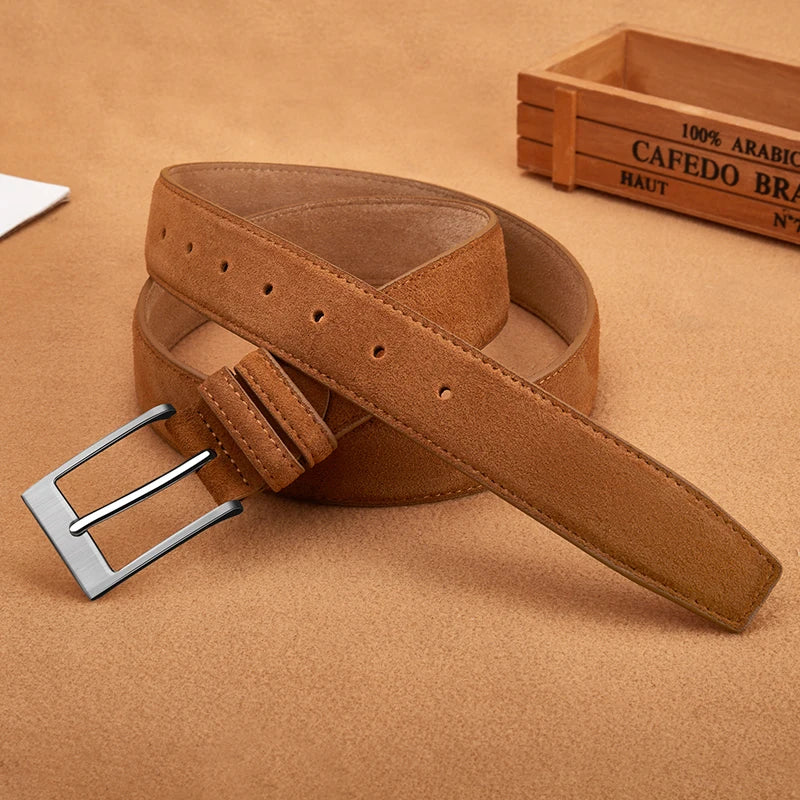 Sude Cow Leather Belt for Men and Women – Plaid Jeans Belt with Pin Buckle, Luxury High-Quality Genuine Leather Leathe