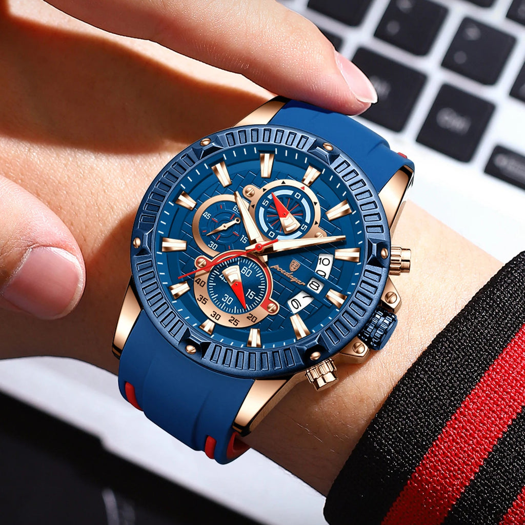 Men’s Sports Quartz Watch – Waterproof, Luminous, Chronograph, Date, Silicone Strap