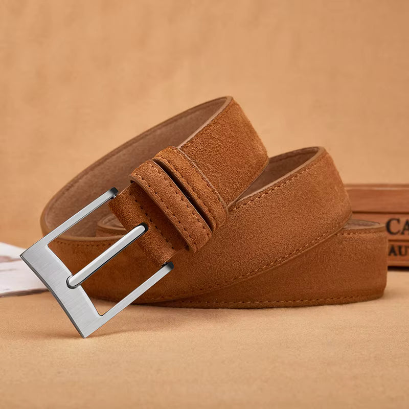 Sude Cow Leather Belt for Men and Women – Plaid Jeans Belt with Pin Buckle, Luxury High-Quality Genuine Leather Leathe