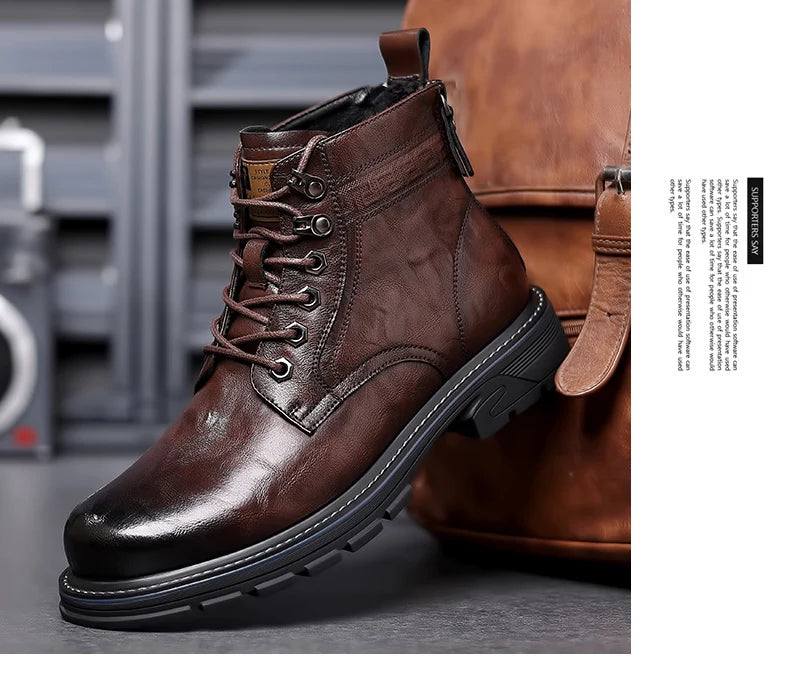 Men’s Mid-Top Leather Boots – Soft, Comfortable, Wear-Resistant, Casual and Work Shoes, Durable Sole