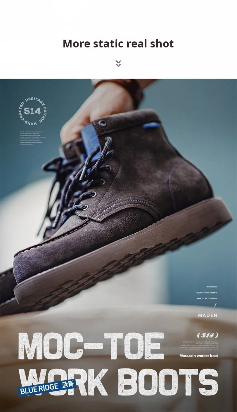 Men’s Retro Low-Top Work Boots – Cow Suede Leather Lace-Up Boots, Chunky Sole, Comfortable Autumn Winter Boots