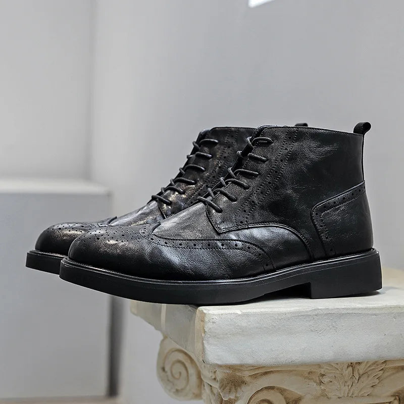 Fashion Vintage British Men’s Ankle Boots – High-Quality Real Leather, Brogue Lace-Up, Autumn/Winter