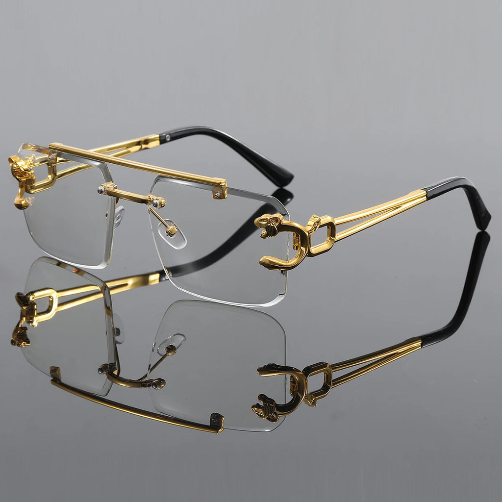 Men’s Retro Rimless Square Sunglasses – Hollow-Out Design for Daily Wear, Outdoor, Vacation, Beach and Street Photography