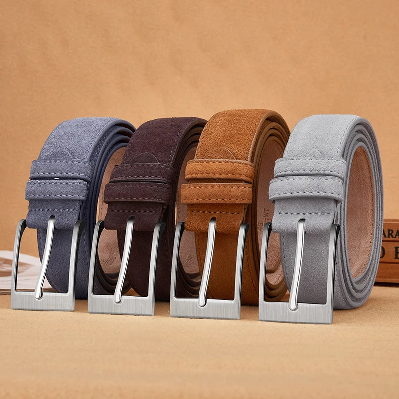 Sude Cow Leather Belt for Men and Women – Plaid Jeans Belt with Pin Buckle, Luxury High-Quality Genuine Leather Leathe