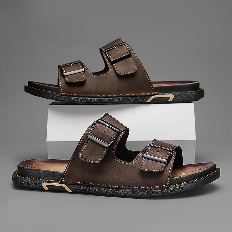 Men’s Large‑Size Black Leather Sandals — Casual Slip‑On Summer Outdoor Shoes