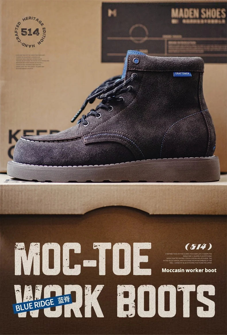 Men’s Retro Low-Top Work Boots – Cow Suede Leather Lace-Up Boots, Chunky Sole, Comfortable Autumn Winter Boots