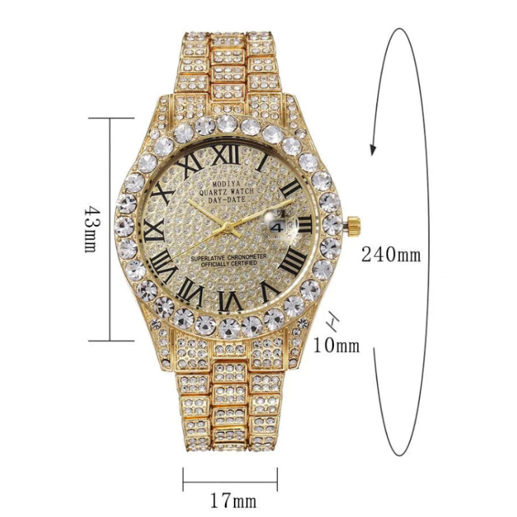 Luxury Classic Men’s Quartz Watch with Gold-Tone Stainless Steel Strap, Roman Numerals, Rhinestone Accents & Calendar Display