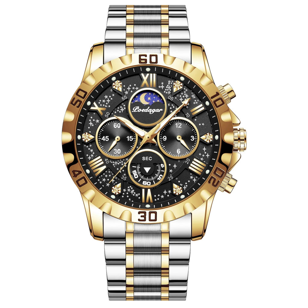 Sports Quartz Watch with Chronograph, Waterproof Stainless Steel Case & Luminous Display