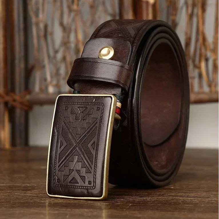 Men’s Genuine Leather Belt – Thick Cowhide with Copper Smooth Buckle, High-Quality Casual Belt for Jeans and Cowboy Style