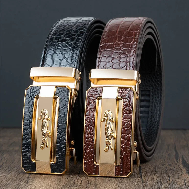 Men’s Leather Belt – Crocodile Pattern with Automatic Buckle, Casual and Business Waist Belt, Durable Stylish Accessory