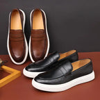 Men’s Embossed Leather Penny Loafers, British Style Casual Slip-On Shoes, Comfortable Thick Sole Everyday Loafers