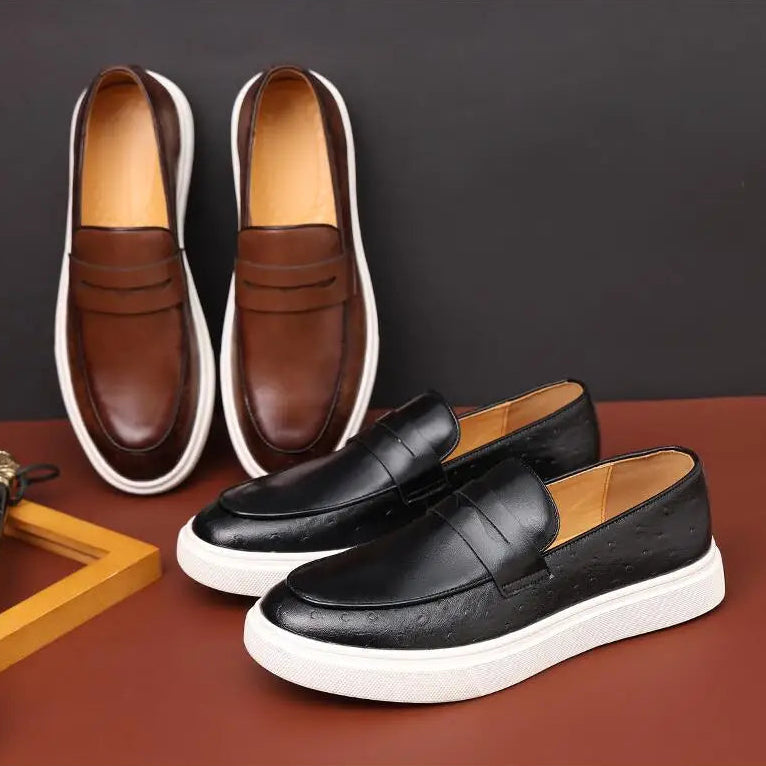 Men’s Embossed Leather Penny Loafers, British Style Casual Slip-On Shoes, Comfortable Thick Sole Everyday Loafers