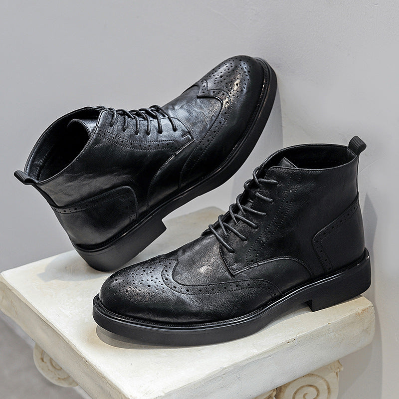 Fashion Vintage British Men’s Ankle Boots – High-Quality Real Leather, Brogue Lace-Up, Autumn/Winter