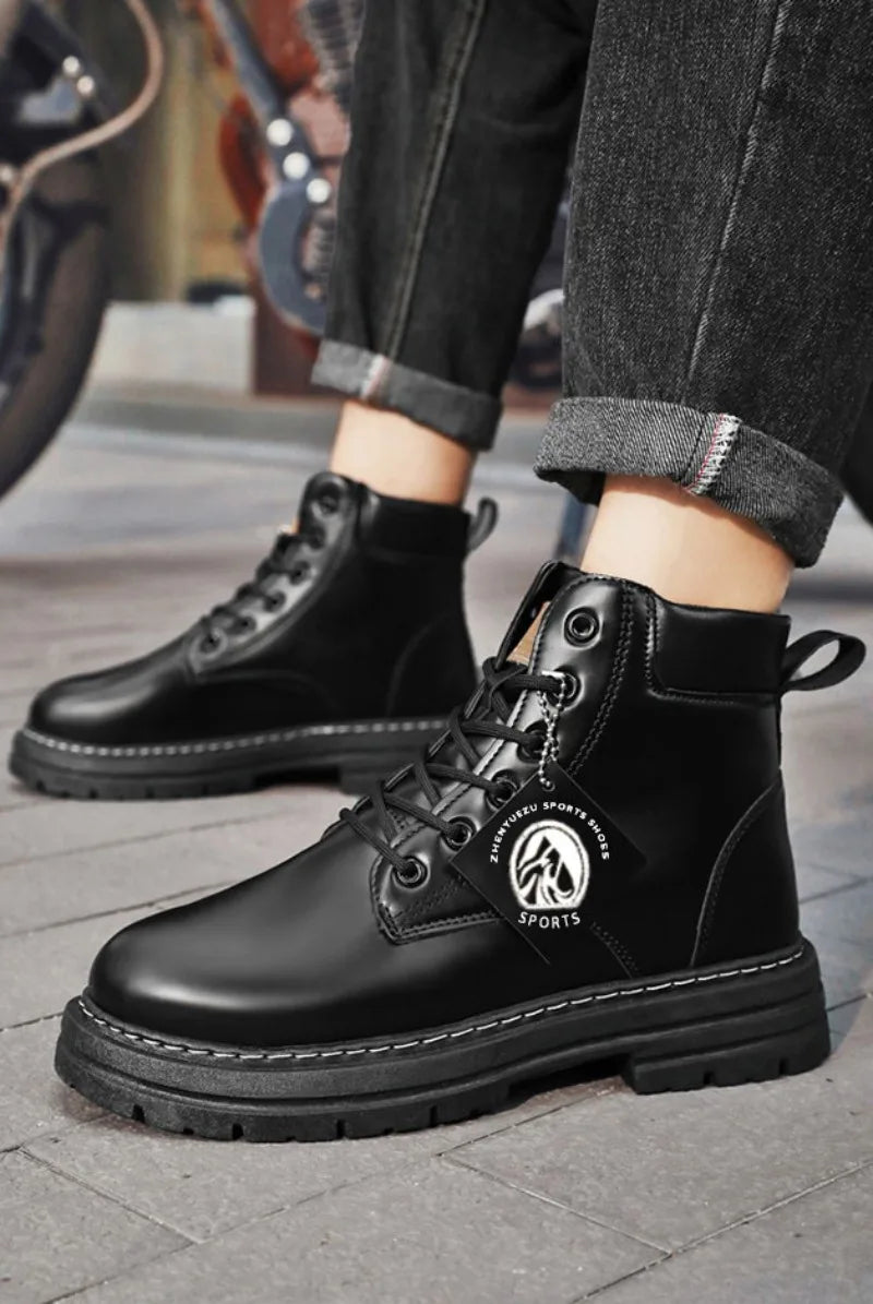 Men’s Leather High-Top Boots – Fashion Motorcycle Ankle Boots, Winter & Spring Casual Lace-Up Footwear