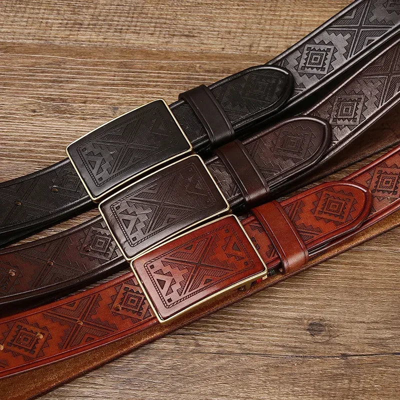 Men’s Genuine Leather Belt – Thick Cowhide with Copper Smooth Buckle, High-Quality Casual Belt for Jeans and Cowboy Style