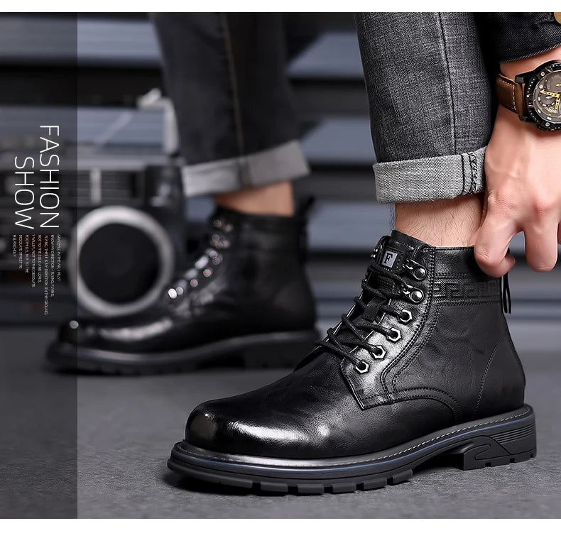 Men’s Mid-Top Leather Boots – Soft, Comfortable, Wear-Resistant, Casual and Work Shoes, Durable Sole