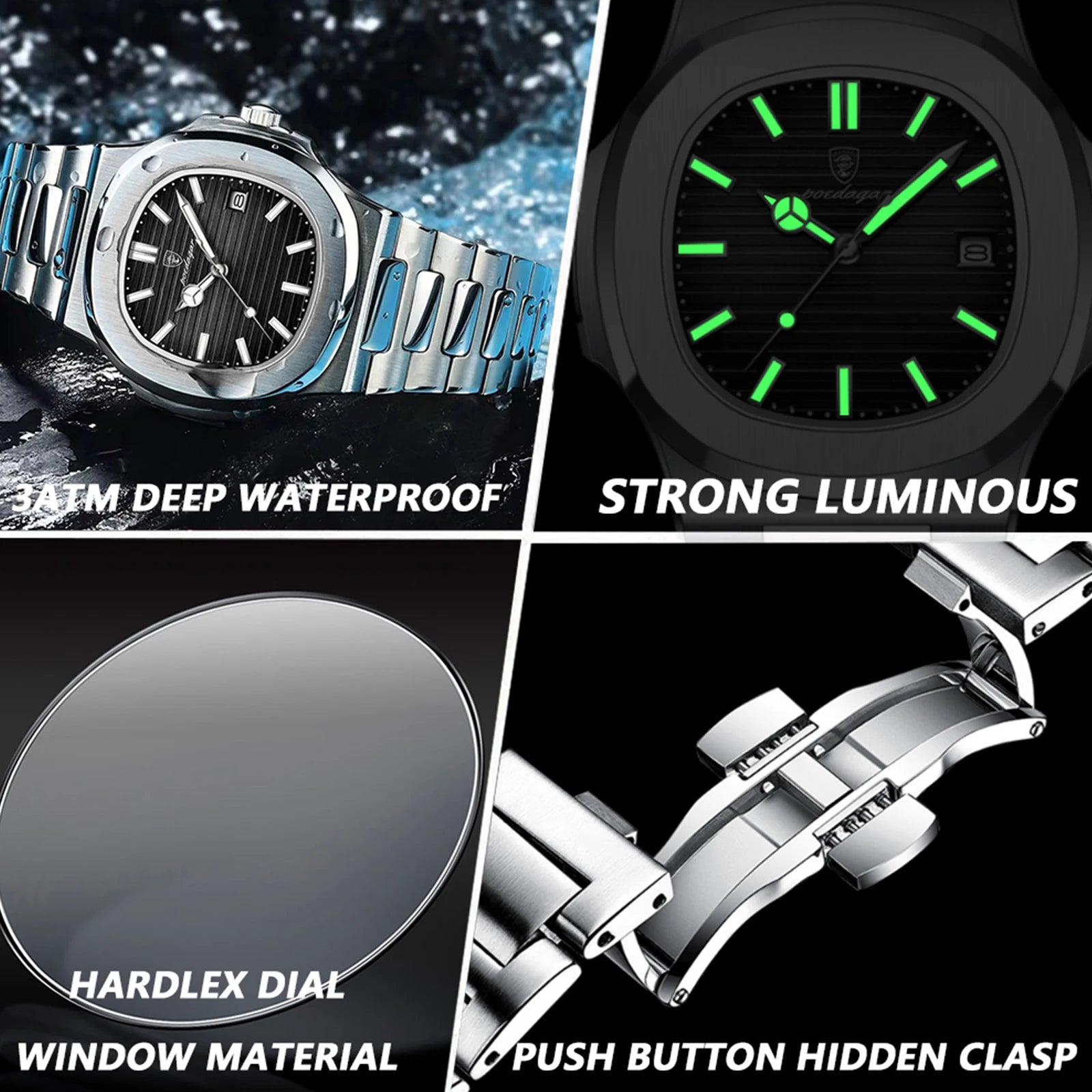 Men’s Luxury Sports Quartz Watch with Square Dial, Luminous Display, Date Function & Waterproof Design