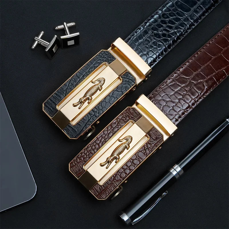 Men’s Leather Belt – Crocodile Pattern with Automatic Buckle, Casual and Business Waist Belt, Durable Stylish Accessory