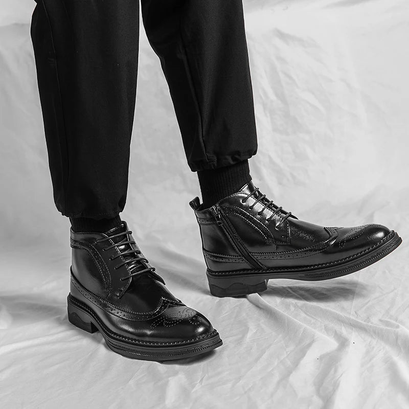 Men’s Low-Top Patent Leather Brogue Boots – Casual, Elegant, Winter, Versatile Flats