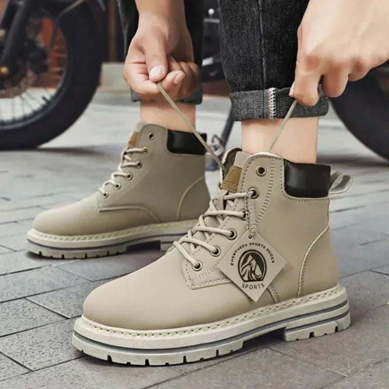 Men’s Leather High-Top Boots – Fashion Motorcycle Ankle Boots, Winter & Spring Casual Lace-Up Footwear