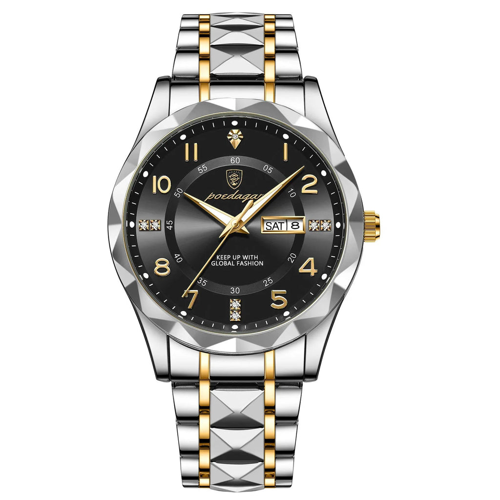 Men's Luxury Quartz Watch with Date & Day Display, Waterproof Stainless Steel Luminous Sports Wristwatch