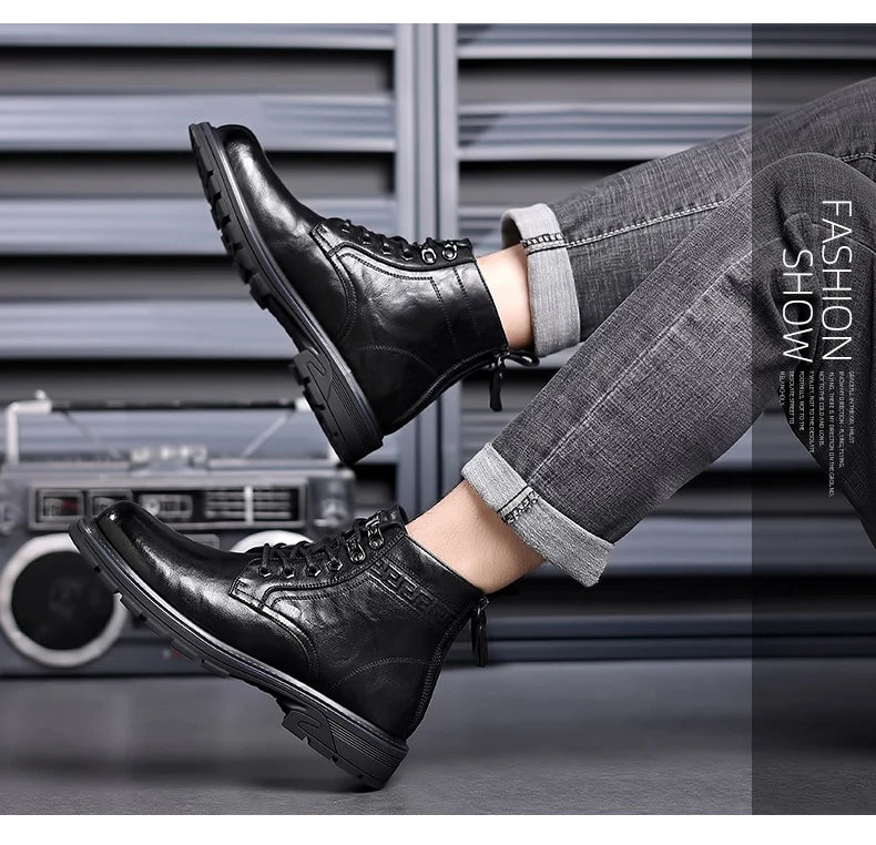 Men’s Mid-Top Leather Boots – Soft, Comfortable, Wear-Resistant, Casual and Work Shoes, Durable Sole
