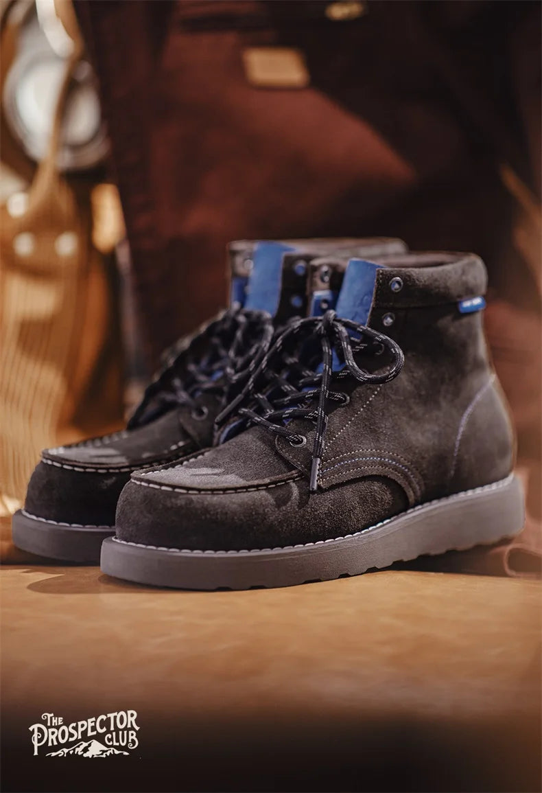 Men’s Retro Low-Top Work Boots – Cow Suede Leather Lace-Up Boots, Chunky Sole, Comfortable Autumn Winter Boots