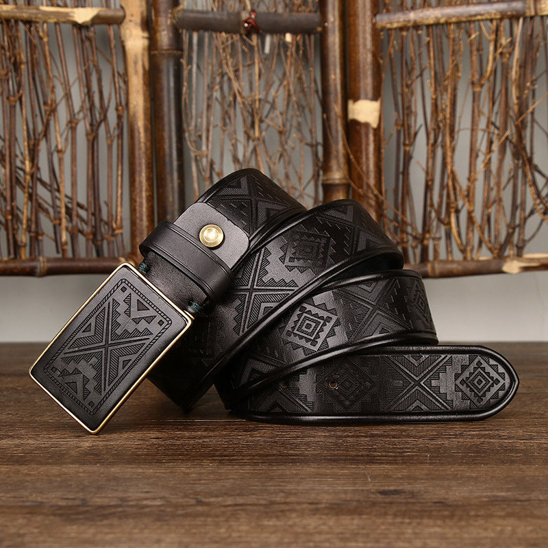 Men’s Genuine Leather Belt – Thick Cowhide with Copper Smooth Buckle, High-Quality Casual Belt for Jeans and Cowboy Style