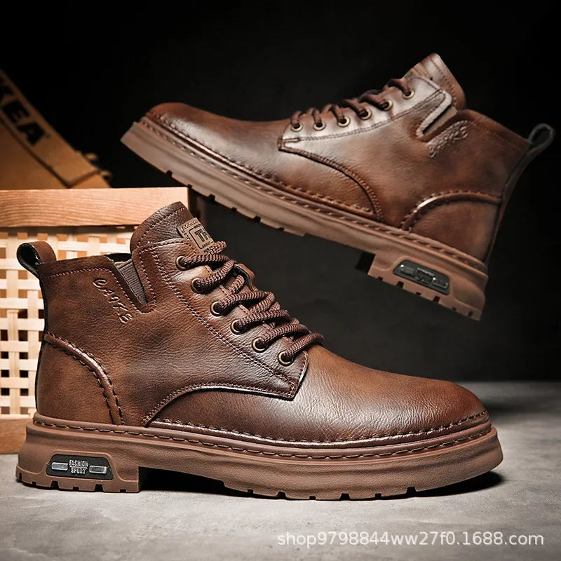 Luxury Men Ankle Boots – Retro British High-Top Leather Boots for Fashion, Outdoor, and Motorcycle Use