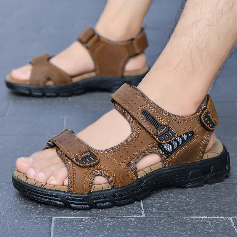 Classic Men’s Genuine Leather Sandals – Summer Outdoor Casual Lightweight Fashion Sandals