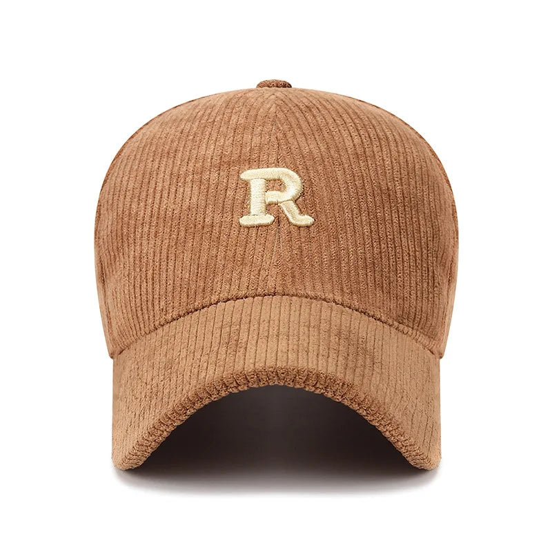Corduroy Baseball Cap with Front Embroidery – Structured Adjustable Hat for Fall and Winter