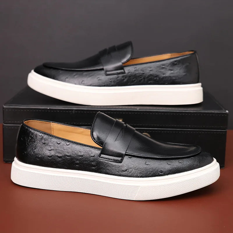 Men’s Embossed Leather Penny Loafers, British Style Casual Slip-On Shoes, Comfortable Thick Sole Everyday Loafers
