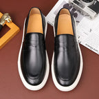 Men’s Embossed Leather Penny Loafers, British Style Casual Slip-On Shoes, Comfortable Thick Sole Everyday Loafers