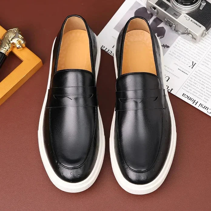 Men’s Embossed Leather Penny Loafers, British Style Casual Slip-On Shoes, Comfortable Thick Sole Everyday Loafers