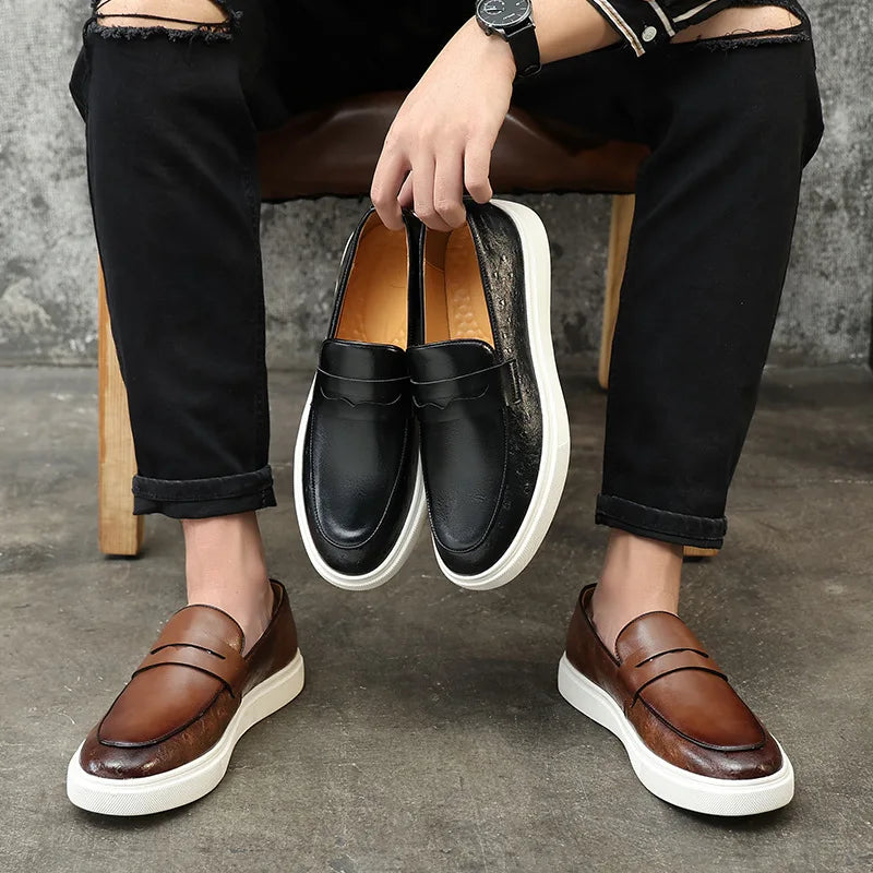 Men’s Embossed Leather Penny Loafers, British Style Casual Slip-On Shoes, Comfortable Thick Sole Everyday Loafers