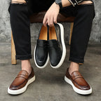 Men’s Embossed Leather Penny Loafers, British Style Casual Slip-On Shoes, Comfortable Thick Sole Everyday Loafers