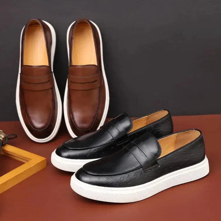 Men’s Embossed Leather Penny Loafers, British Style Casual Slip-On Shoes, Comfortable Thick Sole Everyday Loafers