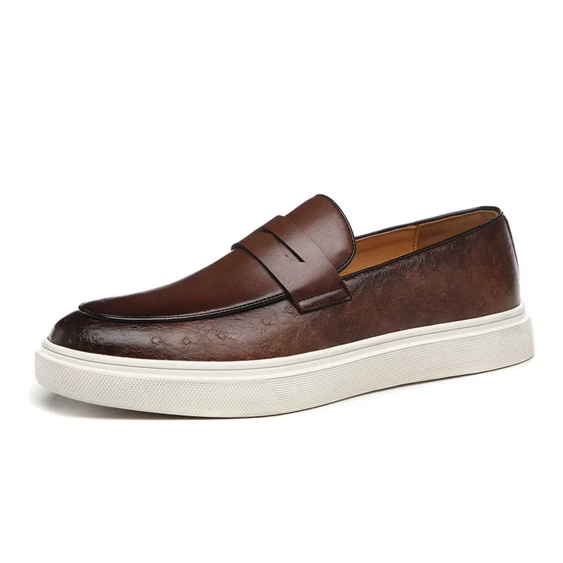 Men’s Embossed Leather Penny Loafers, British Style Casual Slip-On Shoes, Comfortable Thick Sole Everyday Loafers