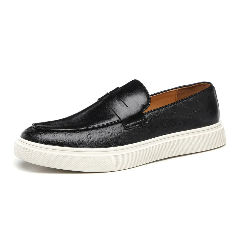Men’s Embossed Leather Penny Loafers, British Style Casual Slip-On Shoes, Comfortable Thick Sole Everyday Loafers