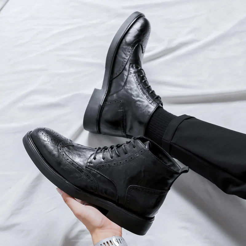 Fashion Vintage British Men’s Ankle Boots – High-Quality Real Leather, Brogue Lace-Up, Autumn/Winter