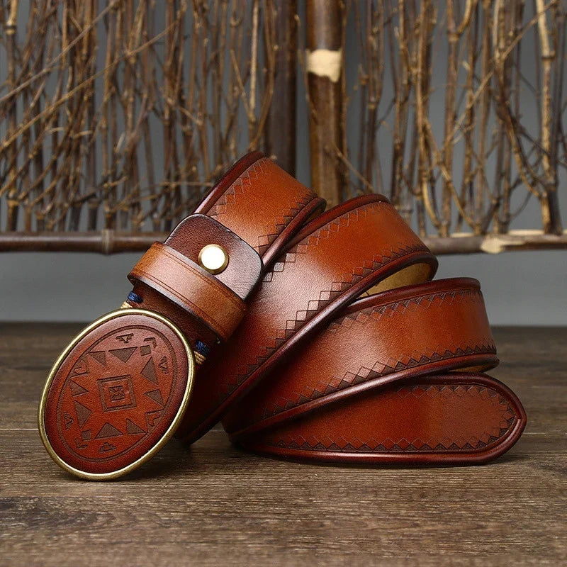 Men’s High-Quality Genuine Leather Belt – Luxury Smooth Buckle, Pure Cowhide with Laser Engraving, Casual Jeans Strap