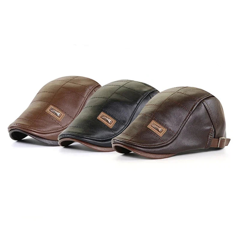 Men’s Genuine Leather Beret – Adjustable Autumn & Winter Warm Retro Fashion Hat