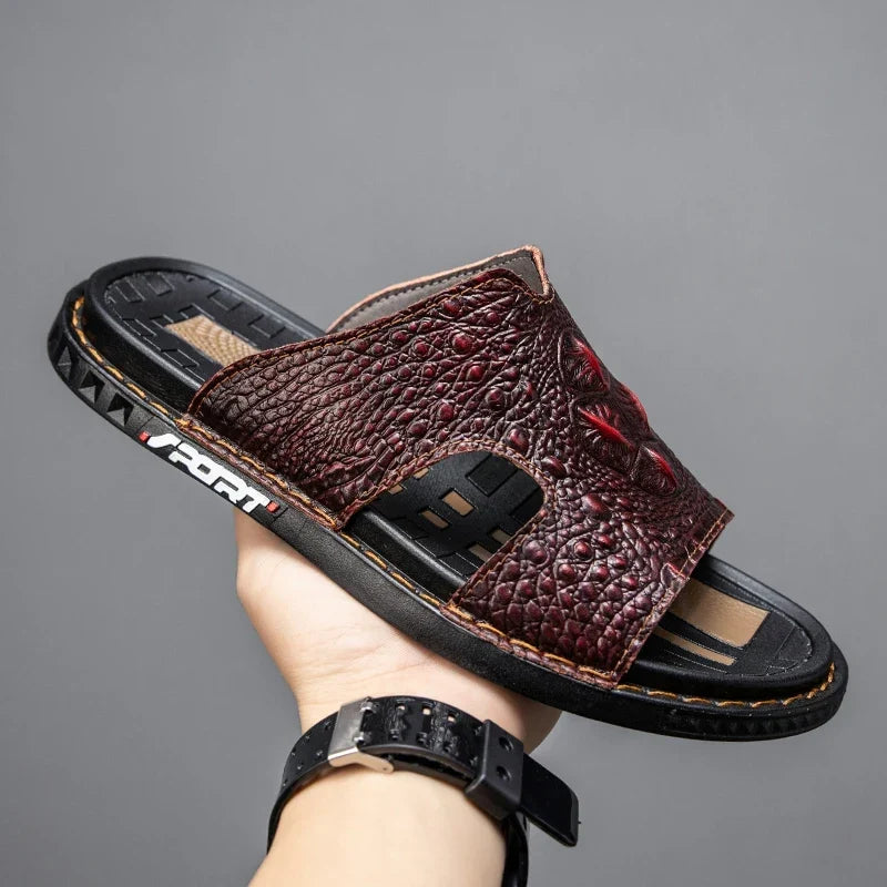 Men’s Genuine Leather Slide Sandals Open-Toe Outdoor Casual Flat Summer Slides