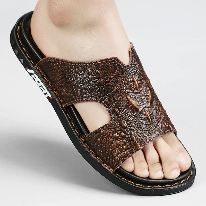 Men’s Genuine Leather Slide Sandals Open-Toe Outdoor Casual Flat Summer Slides