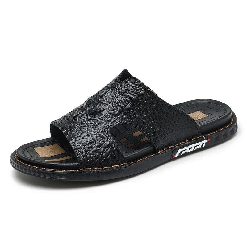 Men’s Genuine Leather Slide Sandals Open-Toe Outdoor Casual Flat Summer Slides