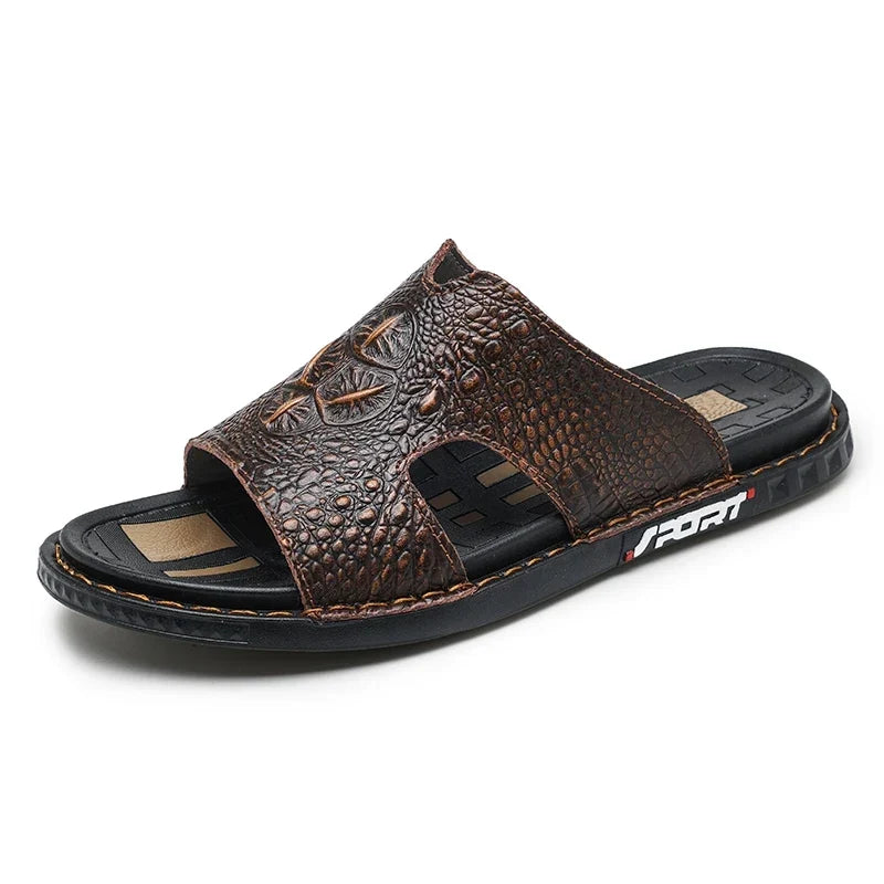 Men’s Genuine Leather Slide Sandals Open-Toe Outdoor Casual Flat Summer Slides