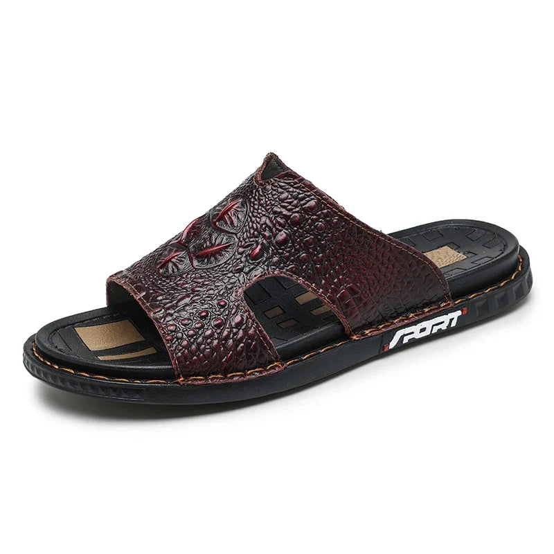 Men’s Genuine Leather Slide Sandals Open-Toe Outdoor Casual Flat Summer Slides
