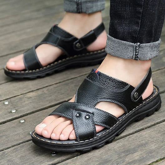 Men’s Genuine Leather Summer Sandals Non-Slip Slip-On Slippers Thick Sole Comfortable Casual Outdoor Shoes
