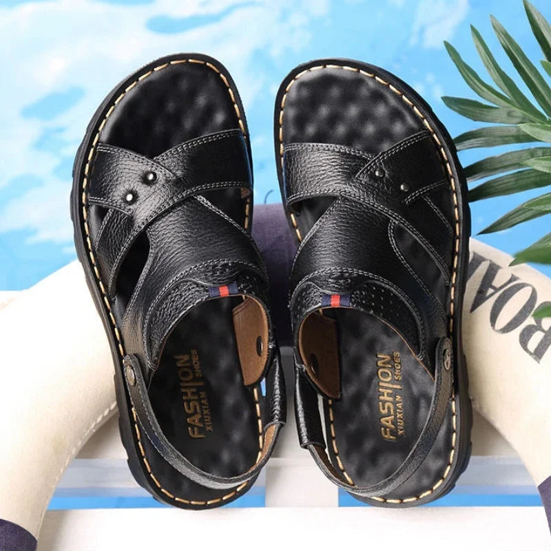 Men’s Genuine Leather Summer Sandals Non-Slip Slip-On Slippers Thick Sole Comfortable Casual Outdoor Shoes